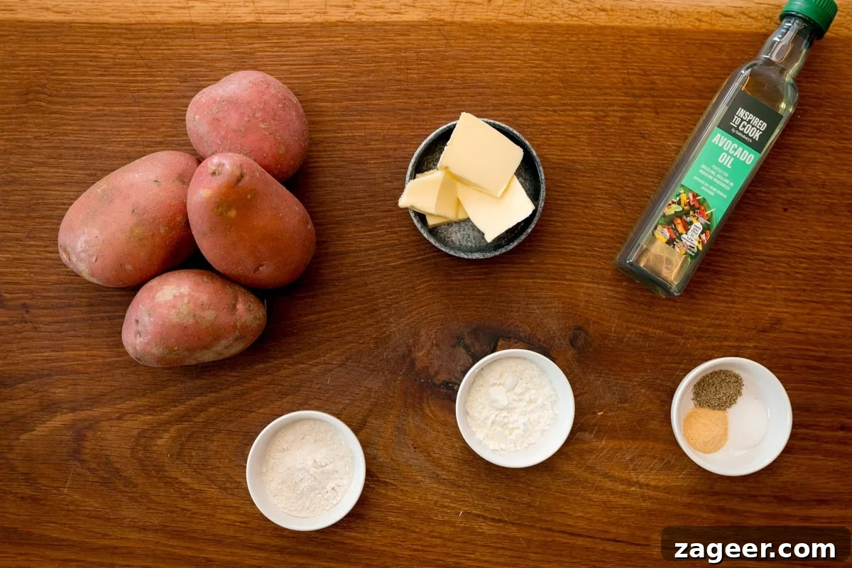 Fresh Ingredients for Homemade Hash Browns A flat lay photograph showcasing all the ingredients for Air Fryer Hash Browns arranged neatly on a rustic wooden cutting board. The ingredients include whole potatoes, cornflour, rice flour, a pat of butter, cooking oil, salt, black pepper, and garlic powder.