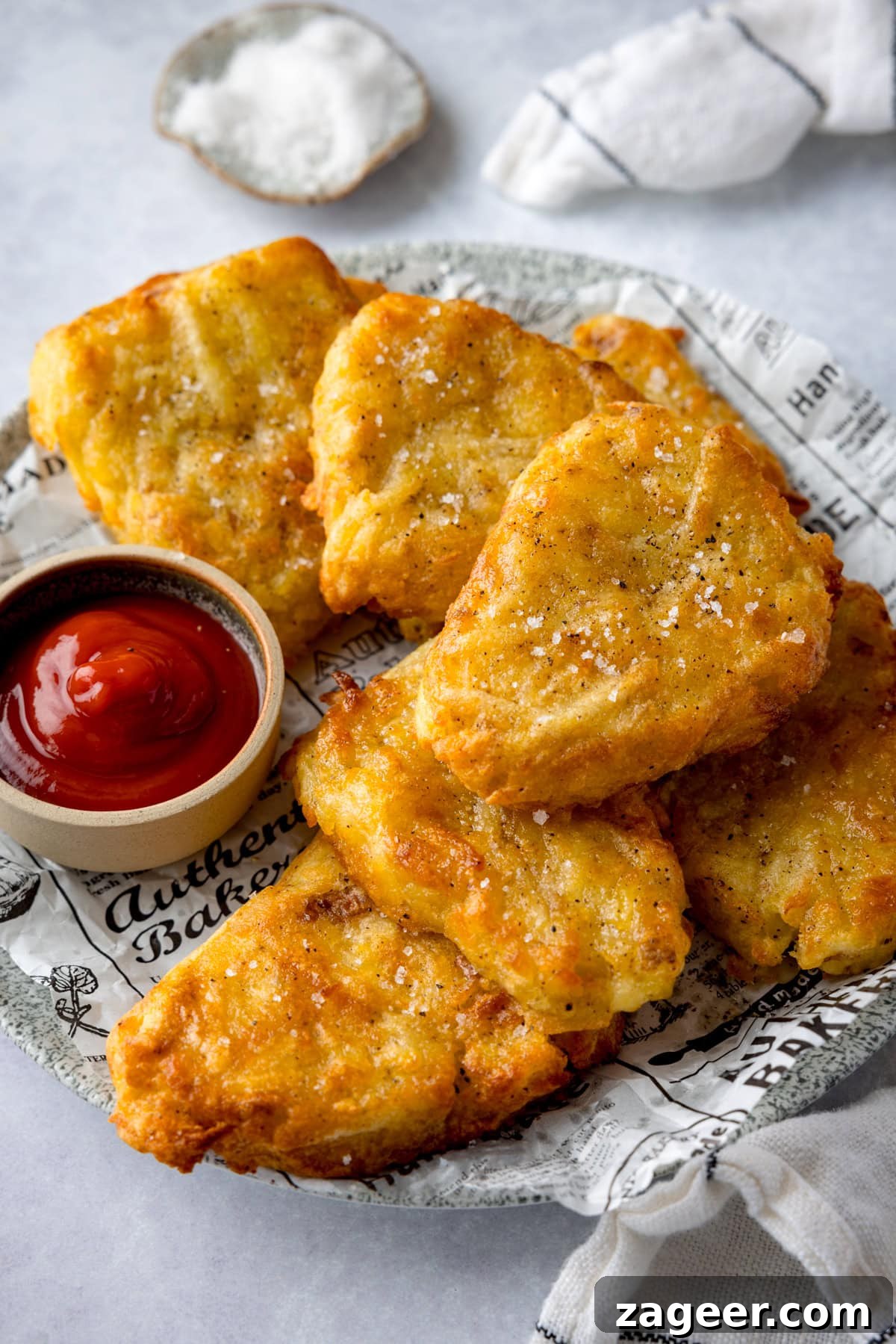 Hash Browns with Ketchup Dip A tall stack of seven Air Fryer Hash Browns arranged on a plate lined with black and white newspaper parchment. To the left of the hash brown stack, a small light brown pot of ketchup is visible. A white napkin with blue stripes is tucked behind the main plate, and a small white dish of sea salt is also in the background, all against a plain white backdrop.