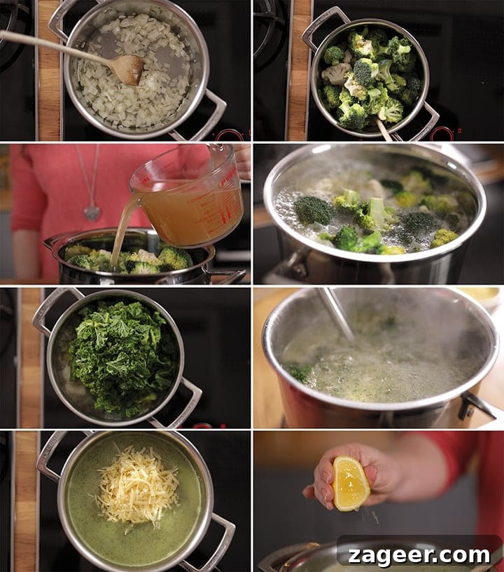 Velvety Broccoli Cream 4 8 image collage showing how to make broccoli soup, from frying onions to adding vegetables, simmering, blending, and finally adding cheese and cream
