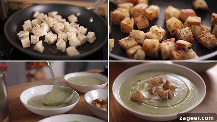 Velvety Broccoli Cream 5 4 image collage showing the step-by-step making of crispy croutons and placing them on top of a serving of broccoli soup