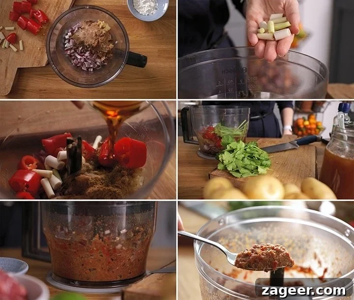 Slow-Simmered Beef Massaman Curry 4 A 6-image collage showing the step-by-step process of blending ingredients to make homemade Massaman curry paste.