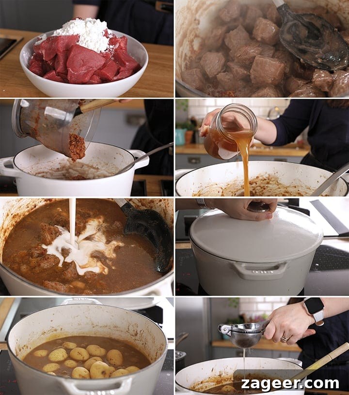 Slow-Simmered Beef Massaman Curry 5 An 8-image collage detailing the cooking steps for Beef Massaman Curry, from searing beef to the final simmer with potatoes.