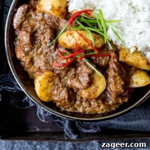 A bowl of beef massaman curry with rice on a dark background