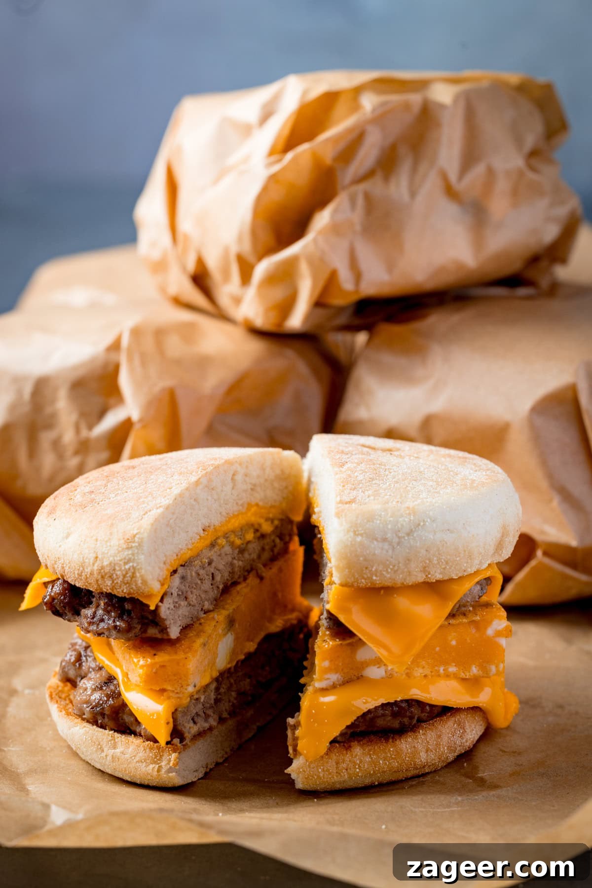 Meal Prep Powerhouse: Homemade High Protein Sausage and Egg McMuffin 9 A close-up shot of a halved homemade sausage and egg McMuffin, revealing the layers of sausage, egg, and melted cheese.