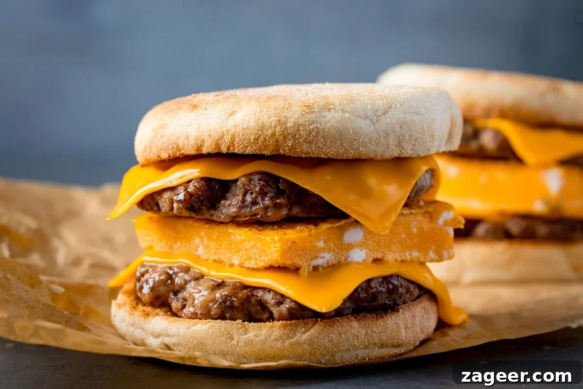 Meal Prep Powerhouse: Homemade High Protein Sausage and Egg McMuffin 10 A stack of three perfectly cooked homemade sausage and egg McMuffins, ready for serving or freezing.