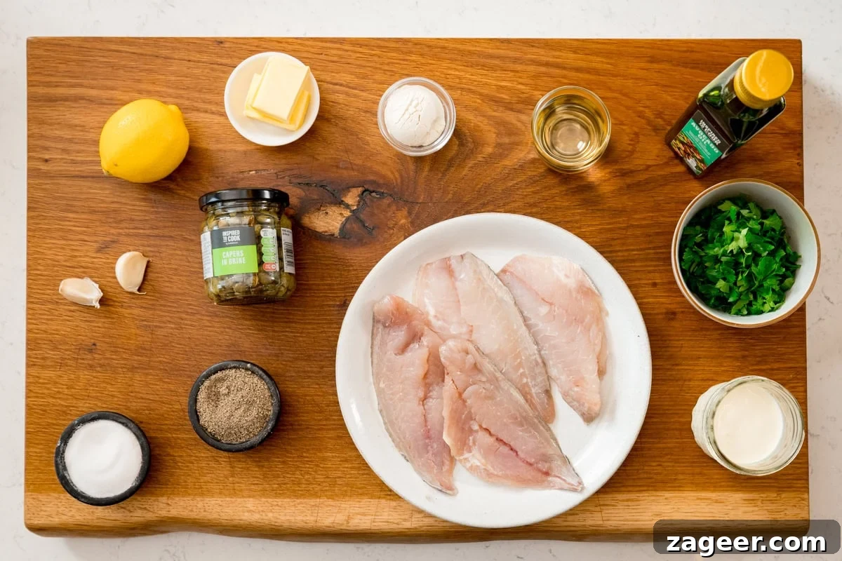 Zesty Lemon Butter Sea Bream 3 A wooden cutting board with a plate of sea bream, olive oil, wine, lemon, capers, parsley, flour, garlic, salt, and pepper.