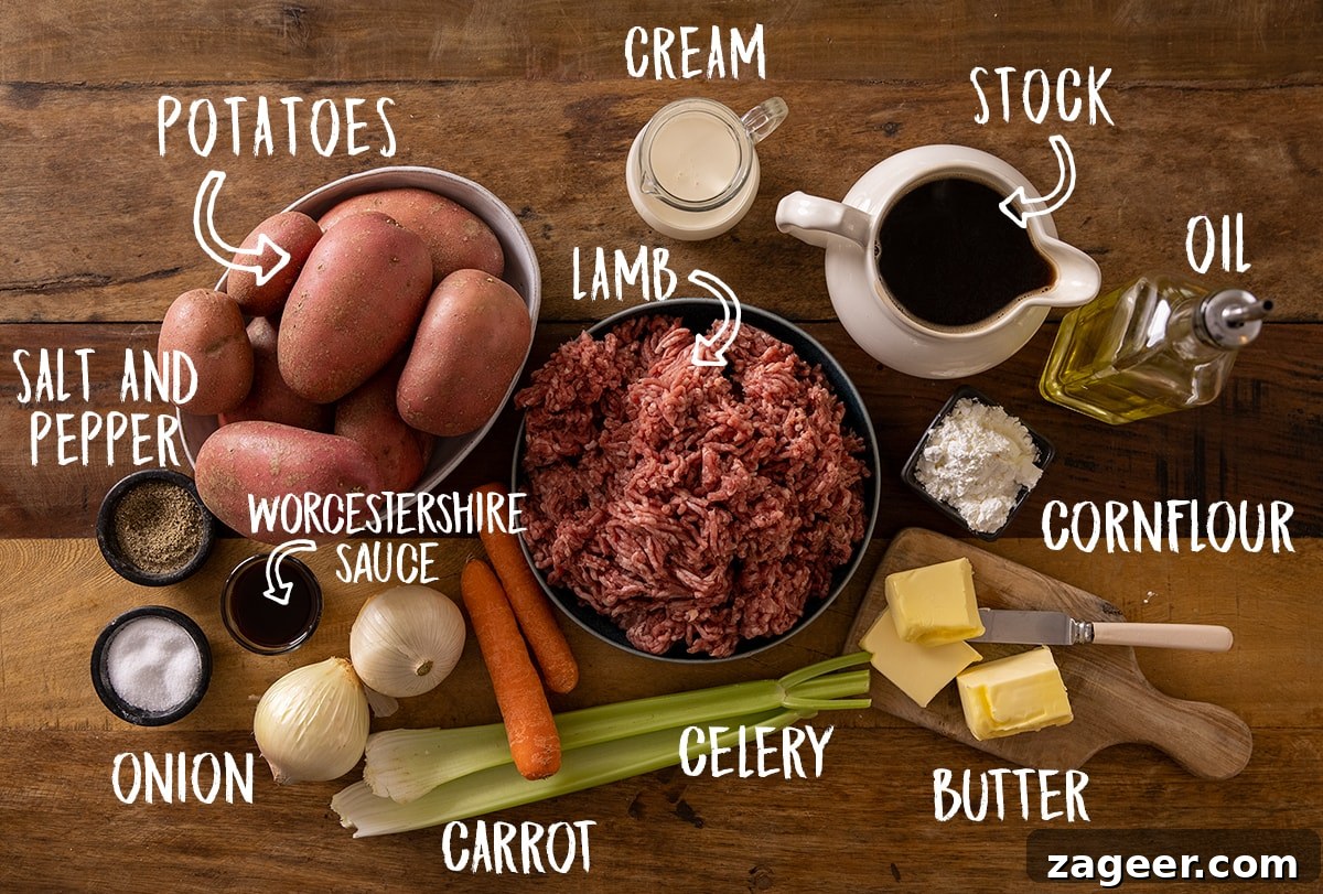 Cozy Homemade Shepherd's Pie 4 A vibrant selection of fresh ingredients for Shepherd's pie, including minced lamb, potatoes, carrots, celery, onions, stock, and seasonings, arranged on a rustic wooden table.