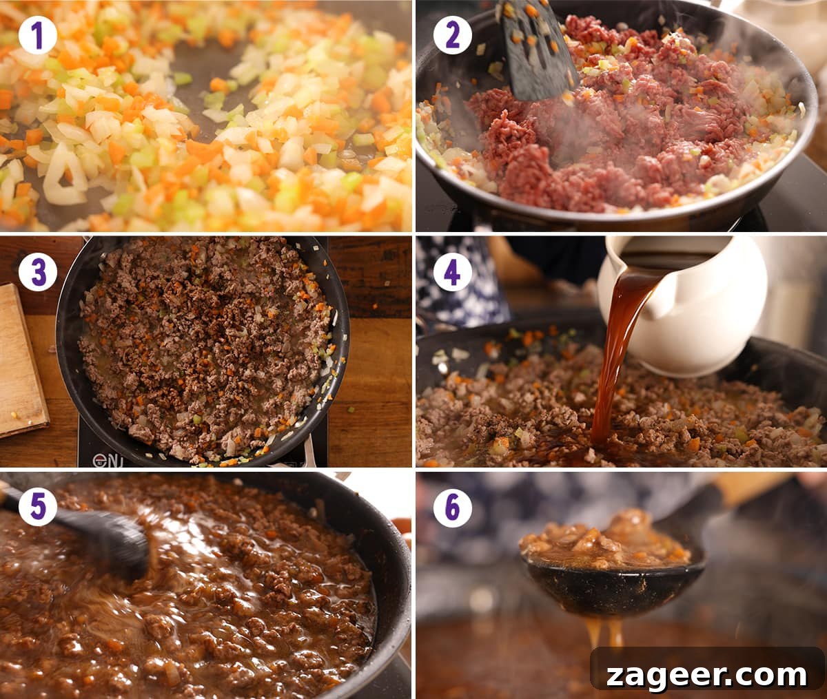 Cozy Homemade Shepherd's Pie 5 A 6-image collage showing the initial steps of preparing Shepherd's Pie: chopping vegetables, browning lamb, adding stock, and making mashed potatoes.