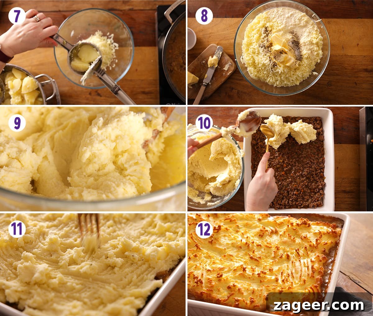 Cozy Homemade Shepherd's Pie 6 A 6-image collage illustrating the final steps of preparing Shepherd's Pie: mashing potatoes, topping the lamb, ruffling with a fork, and the finished golden-brown pie.