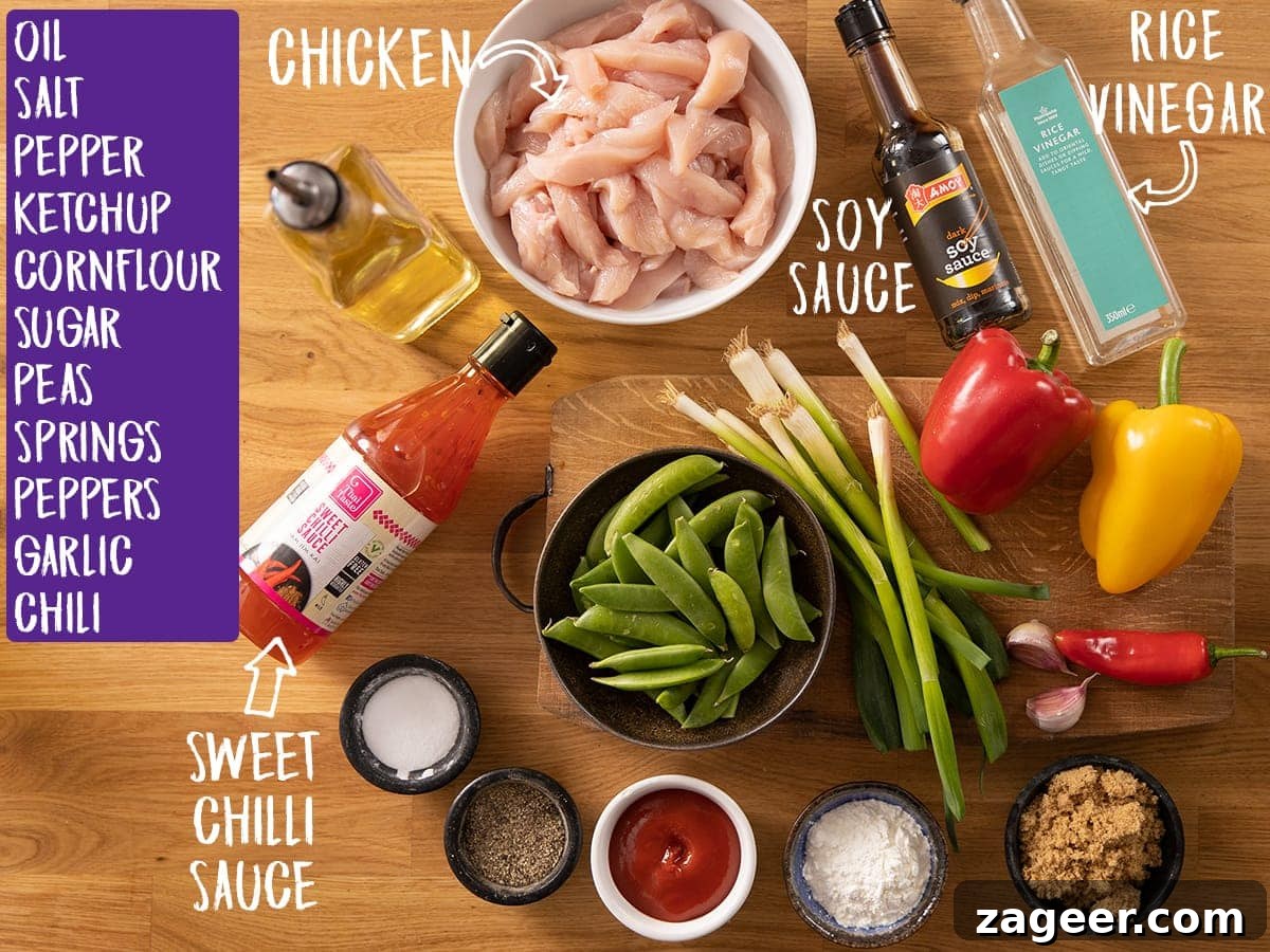 Fast & Flavorful Chicken Stir-Fry 3 A selection of fresh ingredients laid out on a wooden table, including chicken breast, bell peppers, sugar snap peas, garlic, soy sauce, and spices, ready for a quick chicken stir fry.