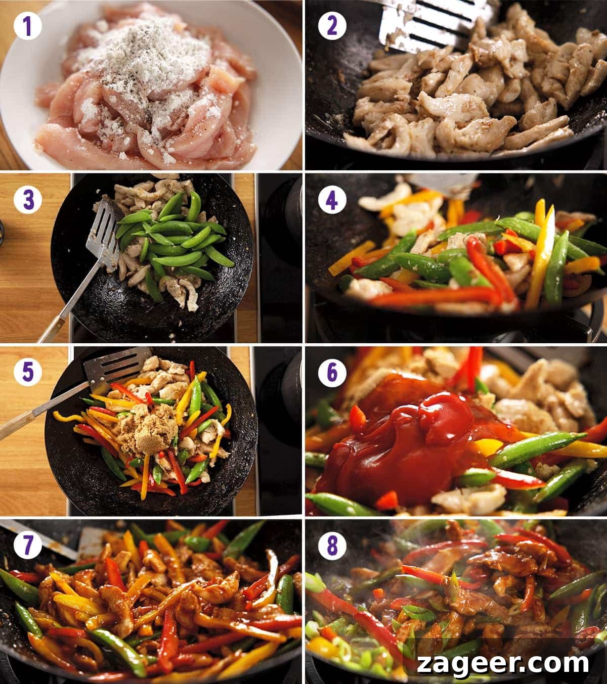 Fast & Flavorful Chicken Stir-Fry 4 An 8-image collage demonstrating the step-by-step process of preparing a quick chicken stir fry, from coating the chicken to adding vegetables and sauce.