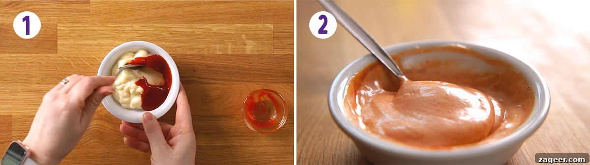 Golden Parmesan Carrot Fries 5 A 2-image collage showing the process of making sriracha mayo: mayonnaise in a bowl, then sriracha being added and mixed into the mayonnaise.