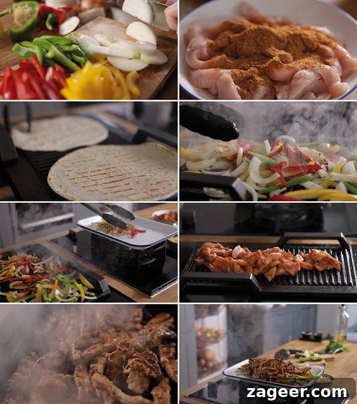 Flavorful Chicken Fajitas Made Easy 3 An 8-image collage demonstrating the step-by-step process of making chicken fajitas, from marinating the chicken to charring vegetables and serving on tortillas, highlighting key preparation stages.
