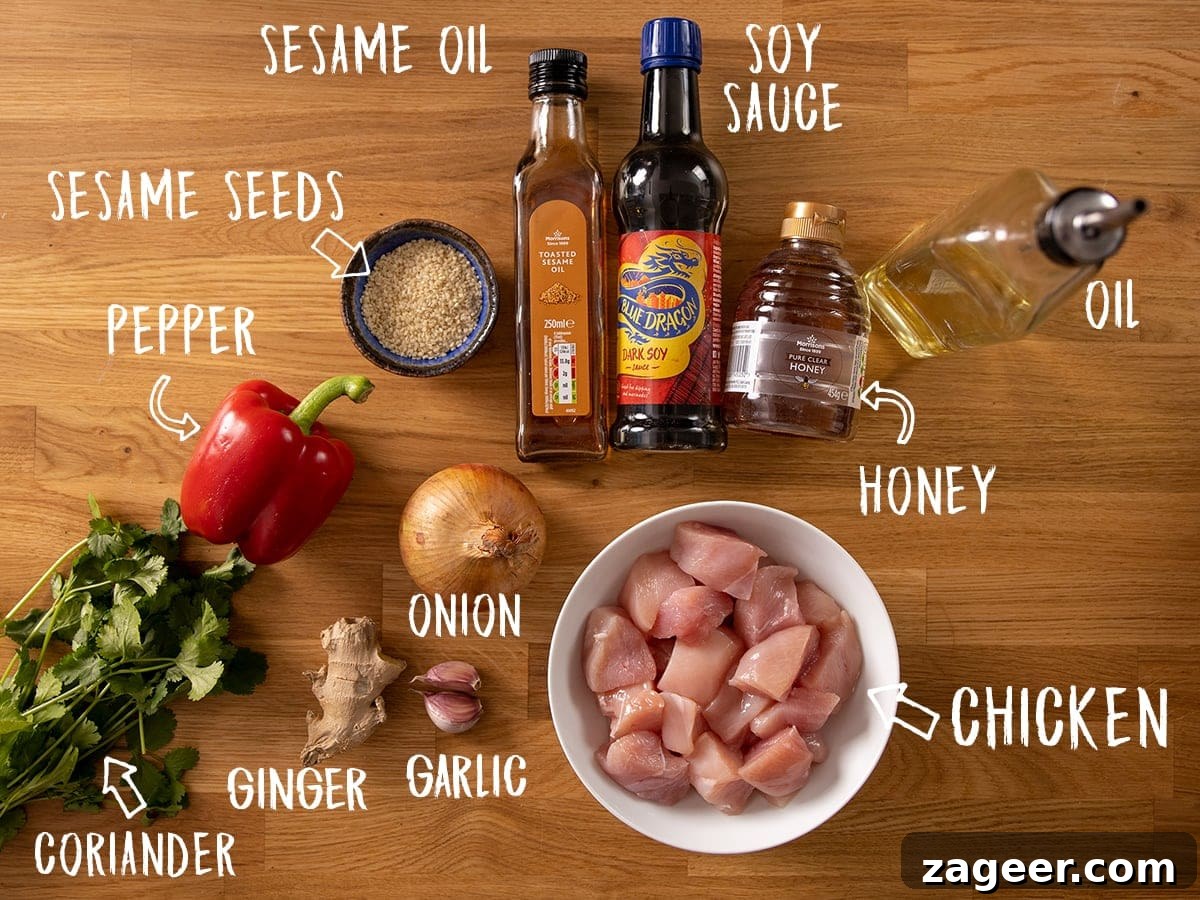 Sticky Honey Garlic Chicken Skewers 3 Assorted fresh ingredients for honey garlic chicken skewers laid out on a rustic wooden table