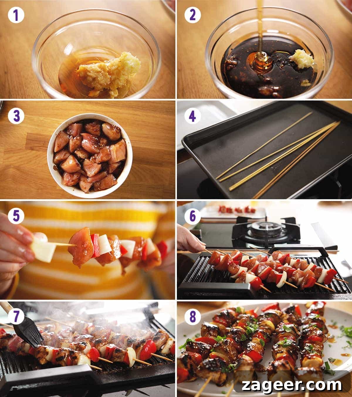 Sticky Honey Garlic Chicken Skewers 4 An 8-image collage demonstrating the step-by-step process of making honey garlic chicken skewers
