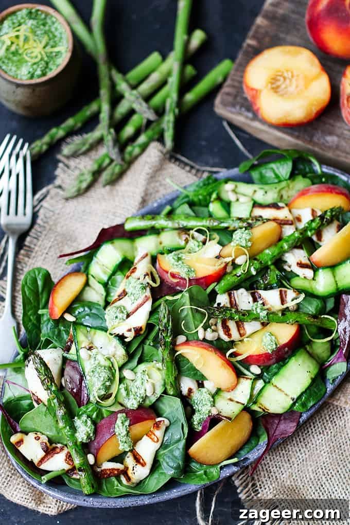 Golden Halloumi Peach Salad with Zesty Lemon Pesto 2 A beautifully arranged Griddled Halloumi and Peach Salad with courgette and asparagus, drizzled with lemon pesto. A perfect vegetarian main course.