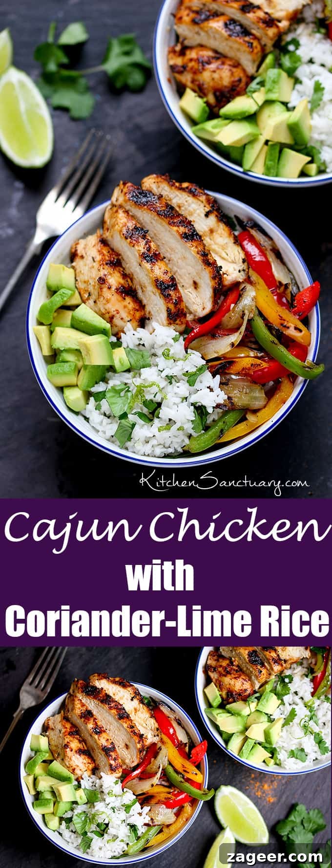 Bright Cilantro Lime Rice with Fiery Cajun Chicken 6 A beautifully composed flat lay of griddled Cajun chicken with charred bell peppers and onions, served alongside fresh coriander-lime rice – a perfect quick and healthy weeknight dinner.