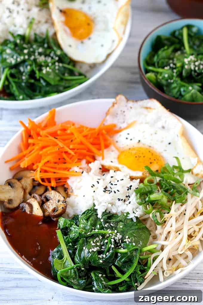 Korean Rainbow Rice Bowl 2 Colorful Vegetable Bibimbap bowl with Gochujang sauce