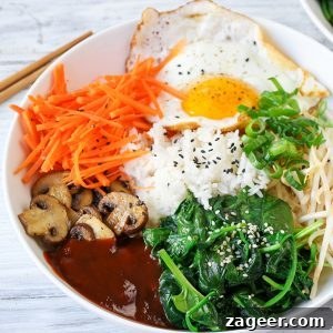 Korean Rainbow Rice Bowl 5 Close-up of a single serving of Vegetable Bibimbap