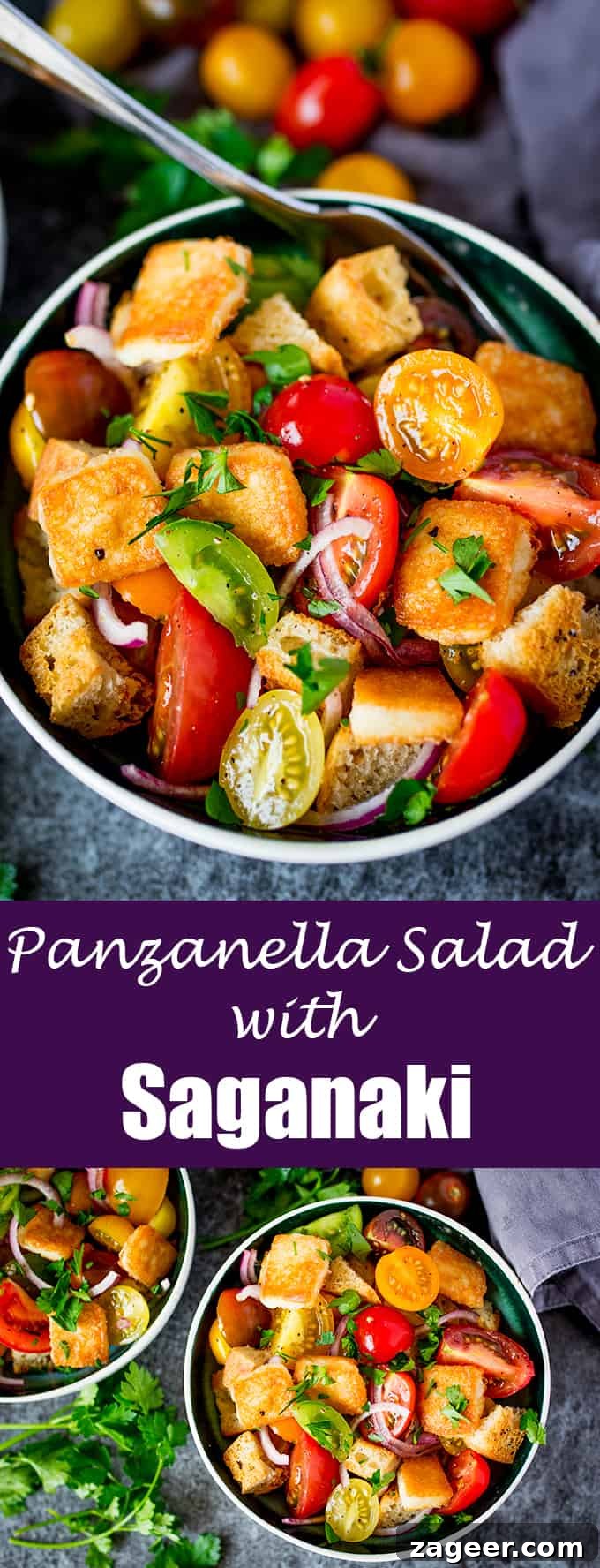 Flaming Saganaki Panzanella 5 Panzanella Salad with Saganaki - Italy meets Greece in this juicy Tuscan tomato salad with crispy fried Greek cheese.