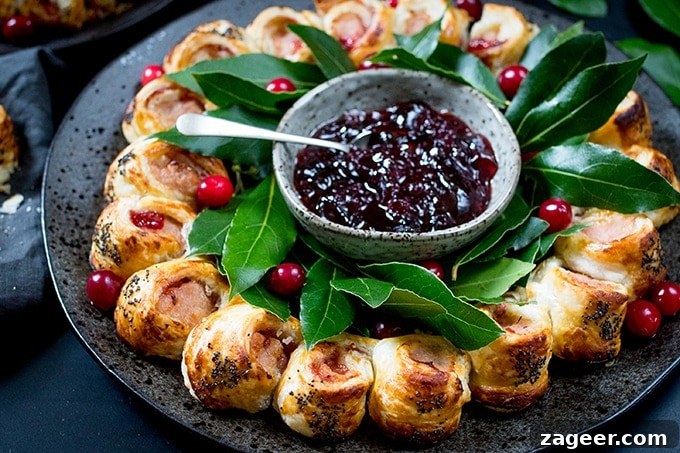 Golden Glazed Sausage Wreath with Sweet and Tangy Honey Mustard 2 Festive sausage roll wreath with a vibrant honey mustard glaze and poppy seeds, garnished for the holidays