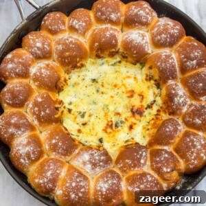 Savory Chard & Cheese Fondue with Golden Dough Bites 3 Dough Balls with Cheesy Chard Dip skillet dough balls with cheesy chard dip