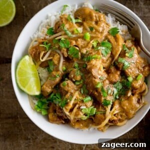 Overhead photo of thai style peanut pork on a bed of rice in a white bowl.