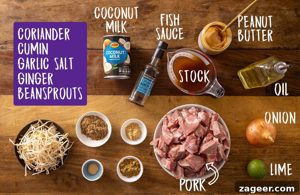 Siam's Creamy Peanut Pork 3 Overhead photo of all fresh and dry ingredients for Thai Style Peanut Pork laid out on a wooden board.