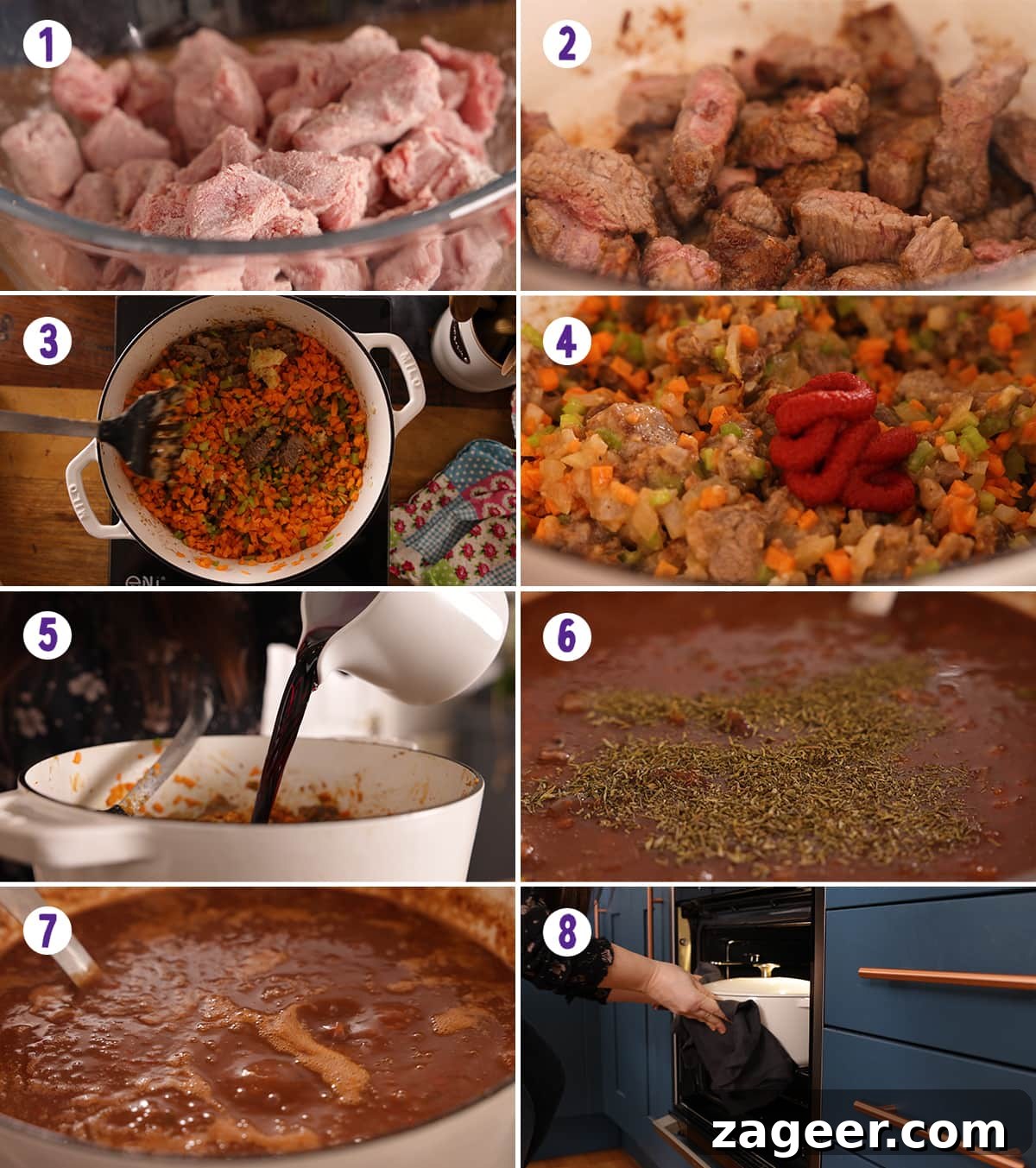 Beef Ragu Step-by-Step Visual Guide 8 image collage showing how to make beef ragu, step-by-step visuals