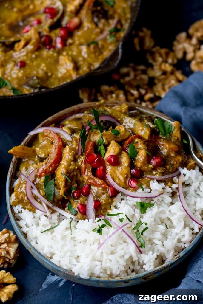 Persian Style Chicken Curry With Walnuts and Pomegranate served in a bowl with fluffy white rice, garnished beautifully.