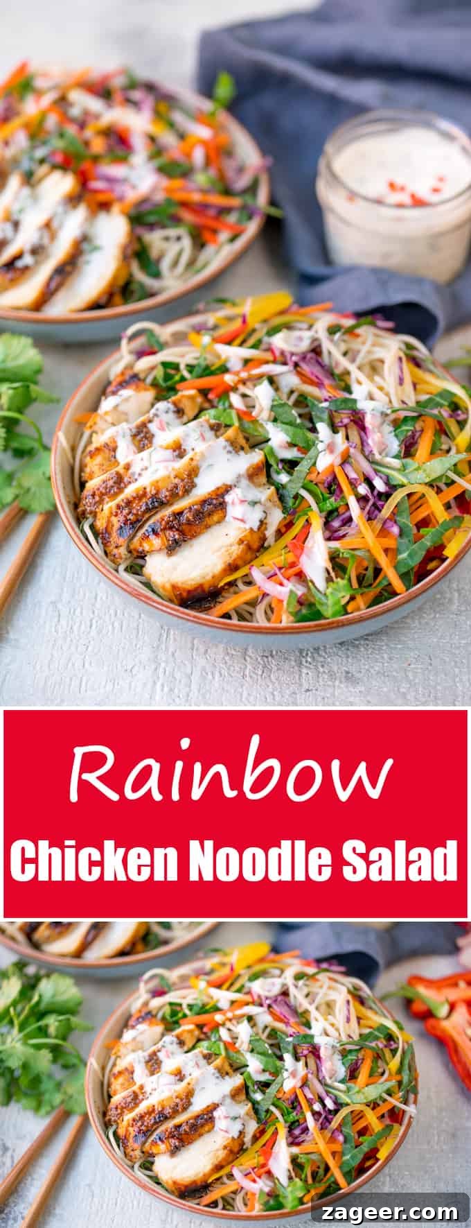 Vibrant Rainbow Chicken Noodle Salad with Chili Lime Zest 6 A beautifully presented bowl of Chicken Noodle Rainbow Salad with Chilli Lime Dressing, ready to be enjoyed