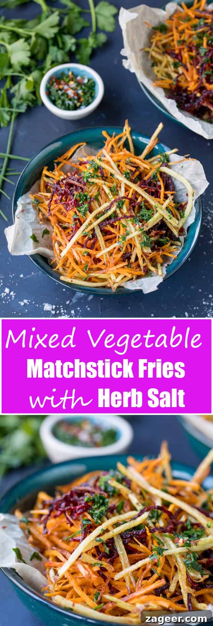 Crispy Veggie Sticks with Artisan Herb Salt 7 A close-up shot of a small pile of homemade herb salt next to a plate of colorful vegetable matchstick fries.