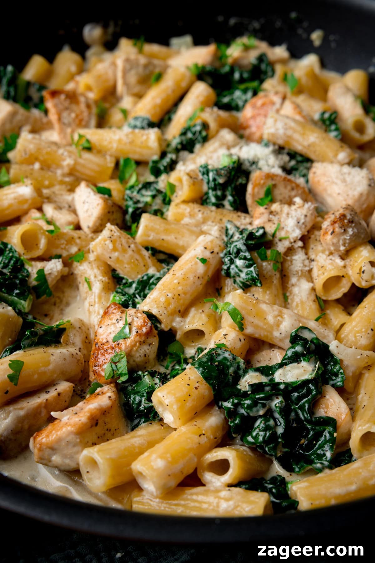 One-Pot Creamy Chicken Rigatoni Alfredo 2 A close-up picture of Rigatoni alfredo with chicken, kale, and a creamy sauce, topped with grated cheese and chopped parsley in a black pan.