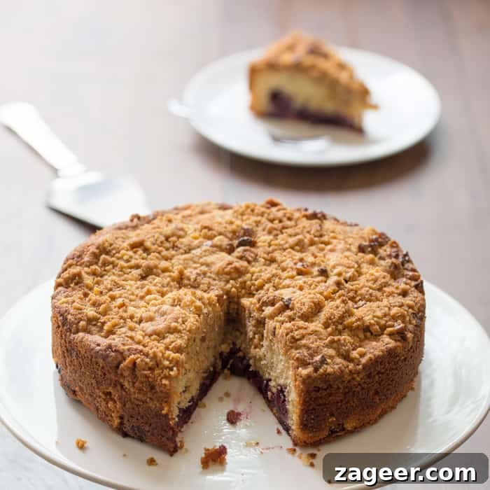 Rustic Cherry Crumble Cake 3 Cherry Crumble Cake on a cake stand with a slice taken out, the slice is in the background out of focus
