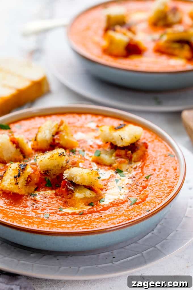 Sneaky Veggie Tomato Soup with Crispy Gruyere Bacon Croutons 3 Hidden Veg Tomato Soup with Gruyere Bacon Croutons - a scrumptiously satisfying winter dinner, easily made gluten-free!