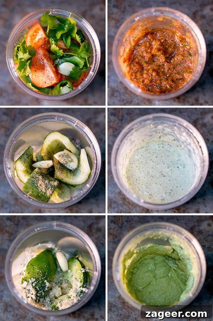 Seafood Extravaganza with a Trio of Dips 2 A step-by-step visual guide showing the process of blending ingredients for three different dips tailored for a seafood party platter.
