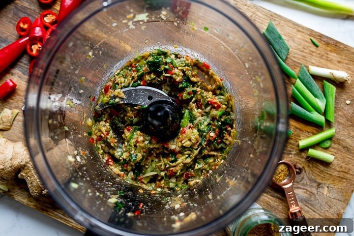 Golden Thai Fish Fritters and Vibrant Vegetable Ribbons 3 Base mixture for thai fishcakes in a food processor
