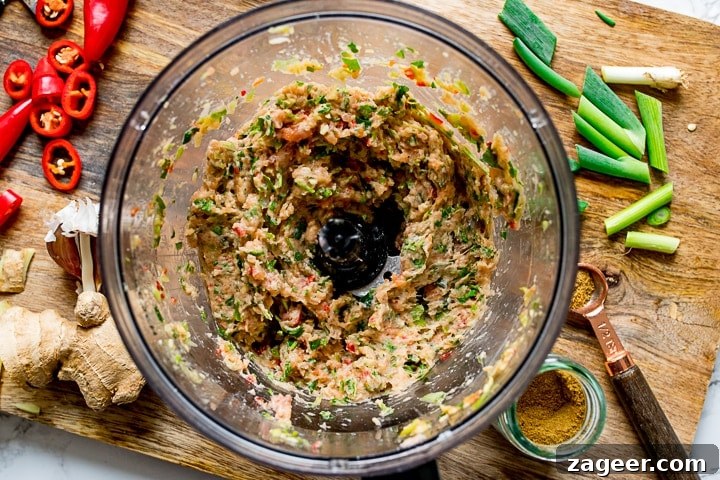 Golden Thai Fish Fritters and Vibrant Vegetable Ribbons 6 mixture for Thai fishcakes in a food processor