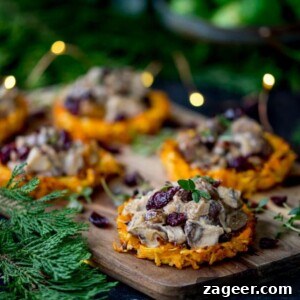 Golden Root Rostis with Wild Mushrooms and Creamy Wensleydale 4 Parsnip and Carrot Rostis with Mushrooms and Wensleydale Sauce - a delicious Vegetarian Christmas dinner idea that isn't nut roast!
