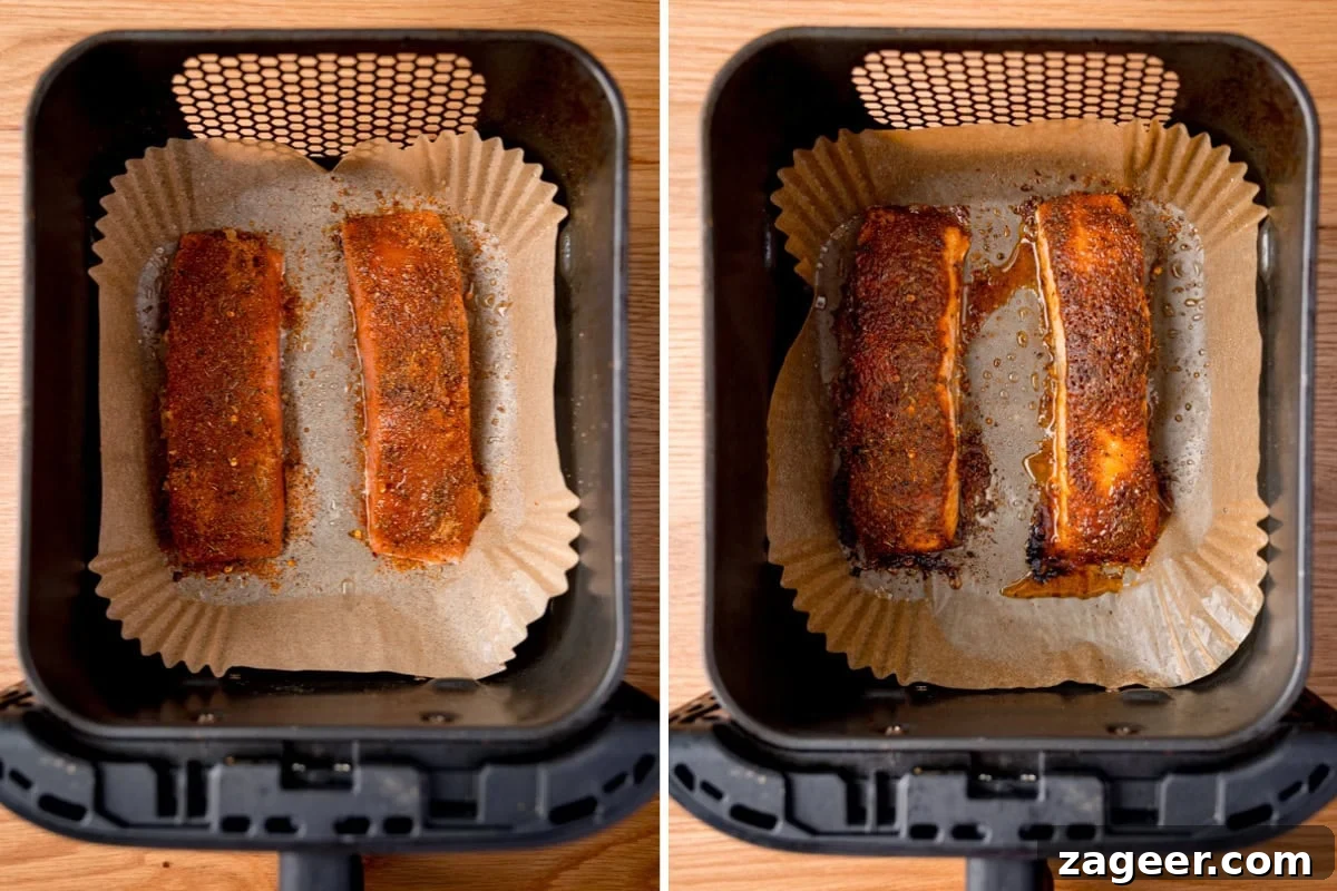 Crispy Air-Fried Salmon Bowl with Zesty Avocado-Orange Salsa 5 Two side-by-side images showing two fillets of seasoned air fryer salmon in a basket. The left image shows raw salmon seasoned with spices before cooking, and the right image shows the same salmon perfectly cooked and caramelized.