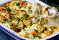 Three-Cheese Brussels Sprout Gratin Recipe for Crispy, Melty Comfort