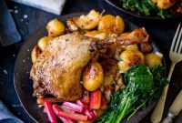 Crispy Duck Confit with Roasted Rhubarb and Thyme