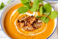 Roasted Sweet Potato & Carrot Soup with Cheddar Potato-Skin Croutons