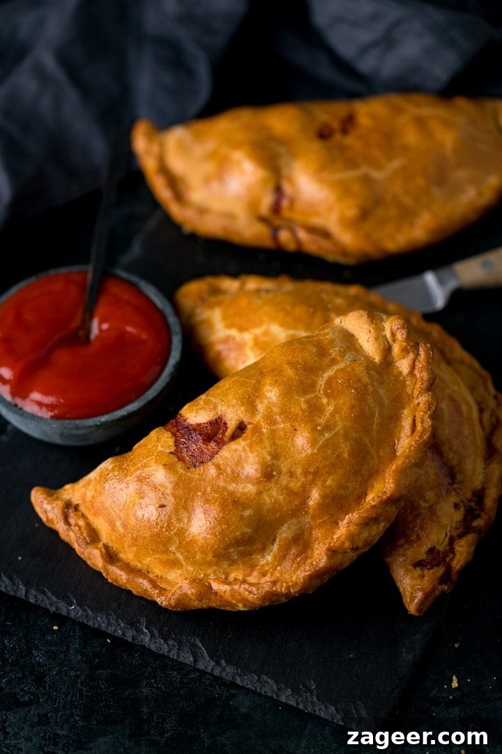 Authentic Cornish Pasty Recipe: Traditional British Meat Pasty Guide 7 Cornish pasties on a dark serving board with ketchup next to them