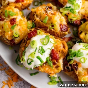 Crispy Loaded Potato Skins with Cheddar, Bacon & Sour Cream 13 A plate of cheese and bacon potato skins topped with soured cream, melted cheese, crispy bacon pieces, and sliced spring onions.