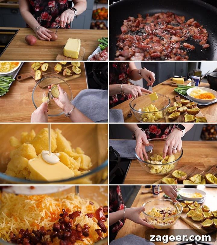 Crispy Loaded Potato Skins with Cheddar, Bacon & Sour Cream 4 A step-by-step collage showing prep steps for making stuffed jacket potatoes with bacon, cheese, and butter on a kitchen worktop.