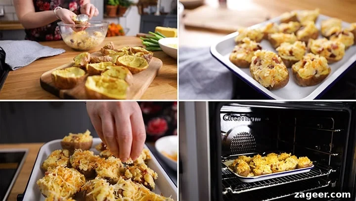 Crispy Loaded Potato Skins with Cheddar, Bacon & Sour Cream 5 Four images show the process of making stuffed potato skins: scooping, mixing filling, topping with cheese, and baking in the oven.