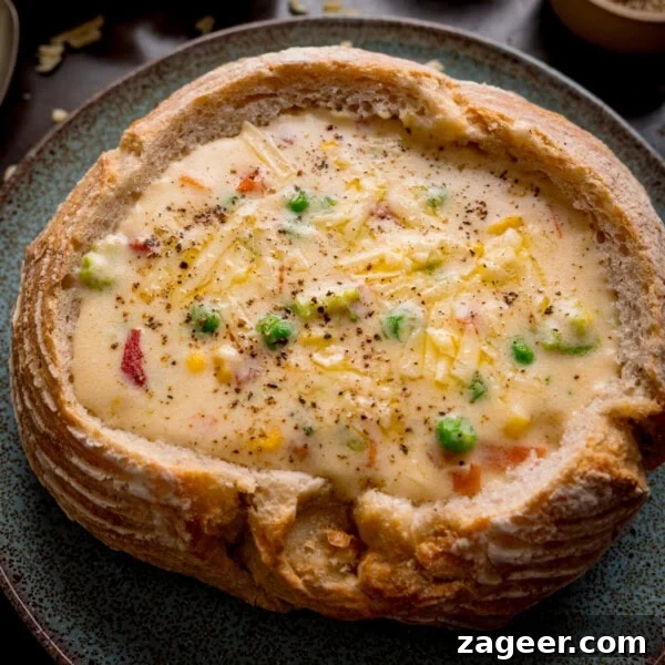 Ratatouille with Baked Feta Croutons: Simple Rustic Vegetable Bake 13 A bread bowl filled with creamy vegetable chowder