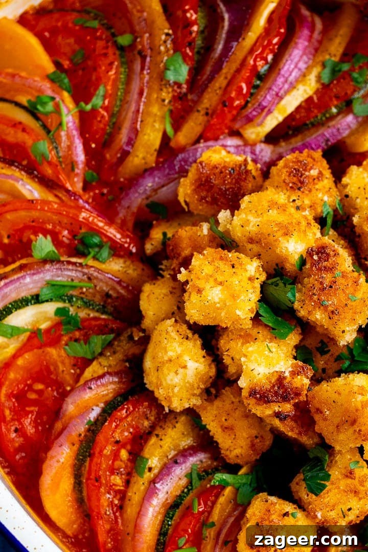 Ratatouille with Baked Feta Croutons: Simple Rustic Vegetable Bake 4 Close up of ratatouille with crispy feta croutons