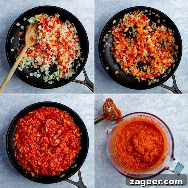 Ratatouille with Baked Feta Croutons: Simple Rustic Vegetable Bake 5 four image collage showing the making of tomato and red pepper sauce